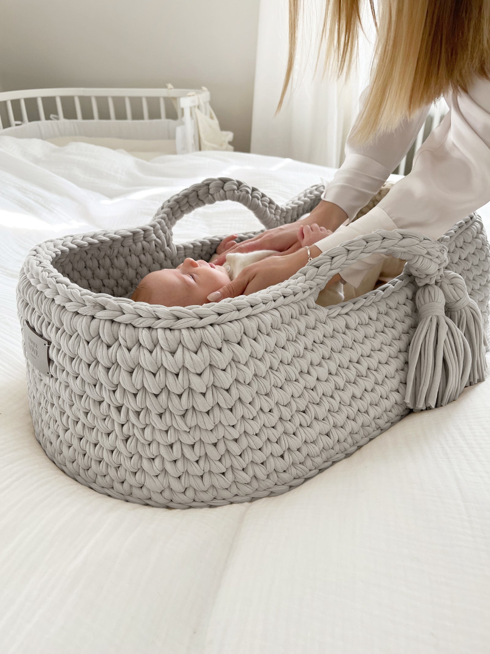 Luxus Moses Korb Gepolstert Grau Korb Baby Komplettset - Weißes