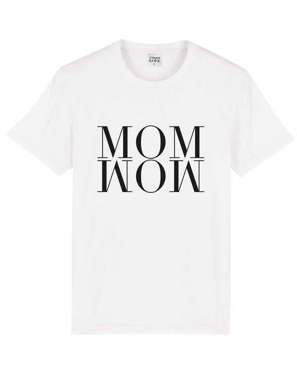 T-Shirt mit geradem Schnitt und der schwarzen Aufschrift MOM WOW in weiß.