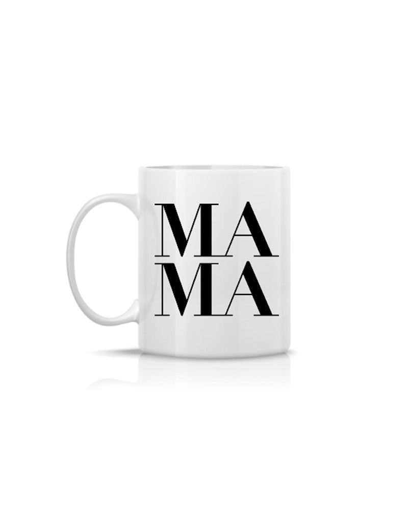 Weiße Keramik Henkel-Tasse mit schwarzen Großbuchstaben MAMA.